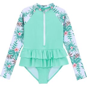 Girls Rash Guard Long Sleeve One Piece Swimsuits Zipper Bathing Suits UPF 50+ Swimwear 3-12Y