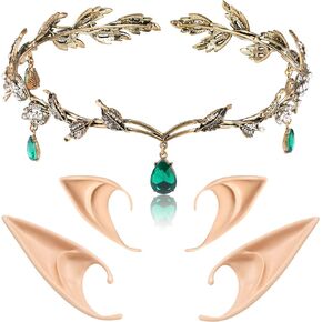 FRESHME Elf Ears with Crown Set, Soft Fairy Ears and Crystal Crown Headband for Women Halloween Cosplay Costume Party