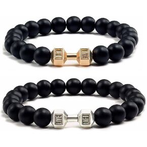 Dumbbell Bracelet for Men Gym Bros Bracelet Black Barbell Bracelet Set,2Pcs Natural Volcanic Stone Bracelet Anxiety Bead Bracelet Traintough Dumbbell Bracelet Fitness Barbell Jewelry for Men Women in Kuwait