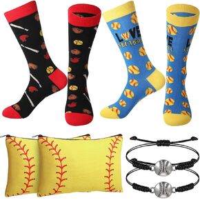 Coume 6 Pieces Softball Lovers Gifts Includes 2 Pairs Funny Novelty Crew Socks Portable Makeup Bags and Adjustable Sporting Bracelets for Women Girls, Blue, Black, Yellow, Red, One Size in Saudi Arabia