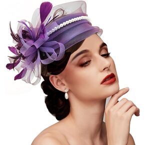 Lehelife Fascinator Hats for Women 2023 Vintage Elegant Luxurious Tulle Hats with Pearl Flower Clip for Wedding Tea Party