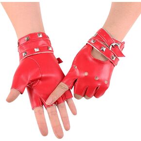 aoozleny Women Girls Fingerless Gloves,PU Leather Biker Punk Gloves with Belt Up Closure and Rivet Design