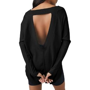 Tankaneo Womens Oversized Backless Tops Long Sleeve Tunic Crew Neck Workout Tee Shirts