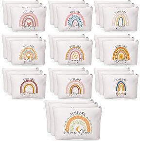 Coume 30 Pcs Thank You Gifts Rainbow Canvas Cosmetic Bag Bulk Inspirational Quotes Makeup Bag with Zipper Encouragement Travel Pouch for Women Teacher First Day of School Gifts, 10 Styles