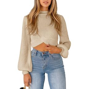 Chahuapy Womens 2023 Fall Winter Cropped Sweater Causal Mock Neck Ribbed Knit Pullover Jumper Tops