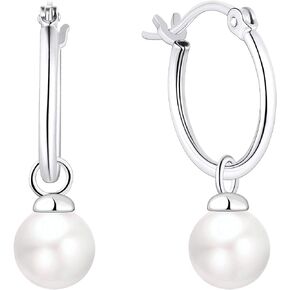 JO WISDOM 925 Sterling Silver Hoop Earrings with Simulated Danlge Pearl(white/Black)