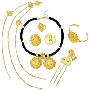 مجموعة مجوهرات رأس الزفاف الإثيوبية الجديدة المطلية بالذهب/الفضة عيار 24 قيراط باللون الأسود للنساء in Kuwait