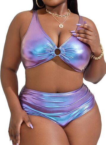 SOLY HUX Women's Plus Size Two Piece Swimsuit Metallic Ring Linked Bikini Set Bathing Suits in Saudi Arabia
