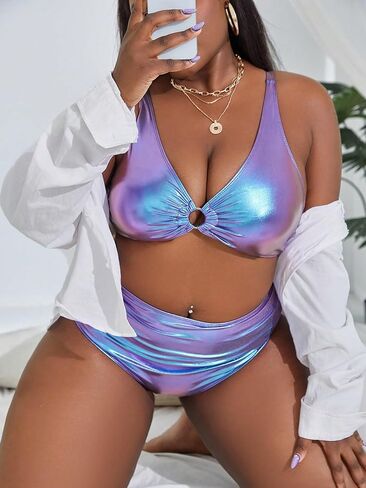 SOLY HUX Women's Plus Size Two Piece Swimsuit Metallic Ring Linked Bikini Set Bathing Suits in Saudi Arabia