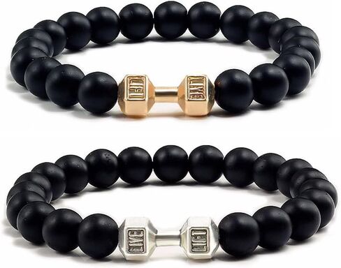 Dumbbell Bracelet for Men Gym Bros Bracelet Black Barbell Bracelet Set,2Pcs Natural Volcanic Stone Bracelet Anxiety Bead Bracelet Traintough Dumbbell Bracelet Fitness Barbell Jewelry for Men Women in Kuwait