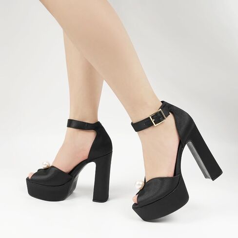 JENN ARDOR Women's Stylish Chunky Platform High Block Heels with Pearl Comfortable Open Toe Ankle Strap Dress Wedding Work Pumps Shoes in Saudi Arabia