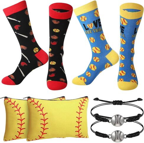 Coume 6 Pieces Softball Lovers Gifts Includes 2 Pairs Funny Novelty Crew Socks Portable Makeup Bags and Adjustable Sporting Bracelets for Women Girls, Blue, Black, Yellow, Red, One Size in Saudi Arabia