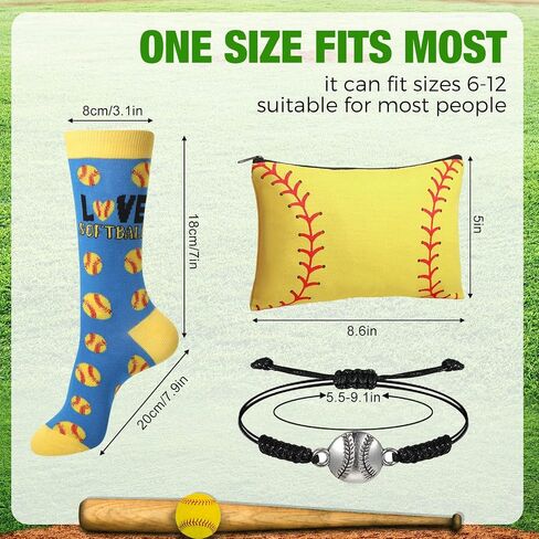 Coume 6 Pieces Softball Lovers Gifts Includes 2 Pairs Funny Novelty Crew Socks Portable Makeup Bags and Adjustable Sporting Bracelets for Women Girls, Blue, Black, Yellow, Red, One Size in Saudi Arabia
