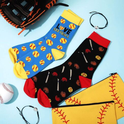 Coume 6 Pieces Softball Lovers Gifts Includes 2 Pairs Funny Novelty Crew Socks Portable Makeup Bags and Adjustable Sporting Bracelets for Women Girls, Blue, Black, Yellow, Red, One Size in Saudi Arabia