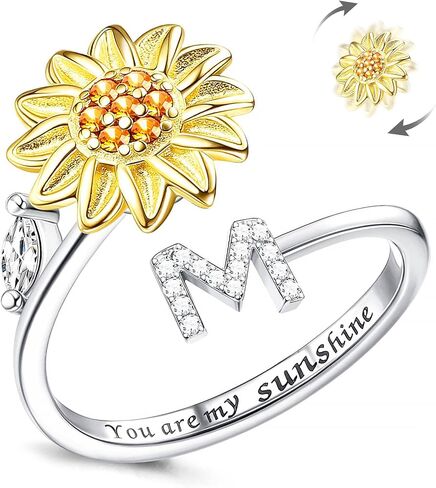 Kucheed Fidget Rings for Women, Sunflower Adjustable Size Spinner Ring, Silver Stackable Stress Relief Anti-Anxiety Letter Finger Circle, Engraved ‘You Are My Sunshine’ Inside the Jewelry Ring in Saudi Arabia