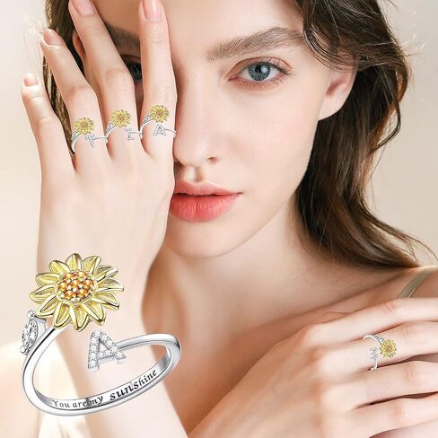 Kucheed Fidget Rings for Women, Sunflower Adjustable Size Spinner Ring, Silver Stackable Stress Relief Anti-Anxiety Letter Finger Circle, Engraved ‘You Are My Sunshine’ Inside the Jewelry Ring in Saudi Arabia