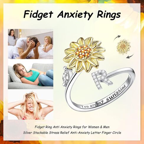 Kucheed Fidget Rings for Women, Sunflower Adjustable Size Spinner Ring, Silver Stackable Stress Relief Anti-Anxiety Letter Finger Circle, Engraved ‘You Are My Sunshine’ Inside the Jewelry Ring in Saudi Arabia