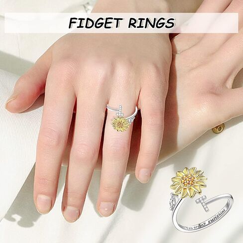 Kucheed Fidget Rings for Women, Sunflower Adjustable Size Spinner Ring, Silver Stackable Stress Relief Anti-Anxiety Letter Finger Circle, Engraved ‘You Are My Sunshine’ Inside the Jewelry Ring in Saudi Arabia