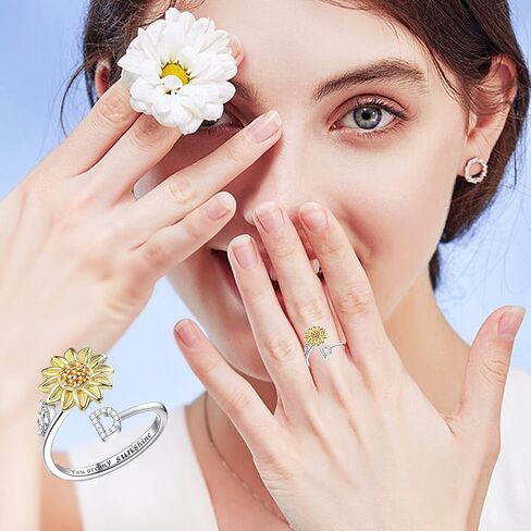 Kucheed Fidget Rings for Women, Sunflower Adjustable Size Spinner Ring, Silver Stackable Stress Relief Anti-Anxiety Letter Finger Circle, Engraved ‘You Are My Sunshine’ Inside the Jewelry Ring in Saudi Arabia