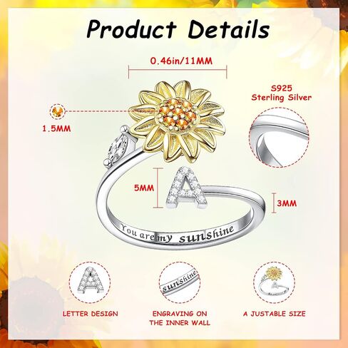 Kucheed Fidget Rings for Women, Sunflower Adjustable Size Spinner Ring, Silver Stackable Stress Relief Anti-Anxiety Letter Finger Circle, Engraved ‘You Are My Sunshine’ Inside the Jewelry Ring in Saudi Arabia