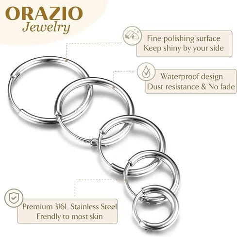 ORAZIO 3-10 Pairs Hoop Earrings for Women 316L Stainless Steel Silver Gold Small Hoop Earrings Hypoallergenic Huggie Earrings Lightweight Endless Cartilage Earring Thick Hoop Earring Sets 6-18MM in Saudi Arabia