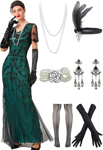 Women Evening Floral Dress 1920s Sequin Flapper Cocktail Mermaid Formal Gown with 20s Gatsby Accessories Set in Saudi Arabia