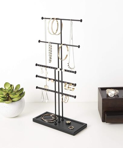 Umbra Trigem Tiered Tabletop Jewelry Organizer Freestanding Hanging Necklace, Earring and Bracelet Display, 5, White/Nickel in Saudi Arabia
