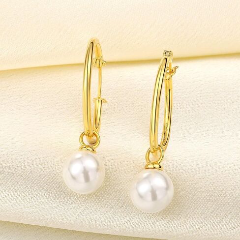 JO WISDOM 925 Sterling Silver Hoop Earrings with Simulated Danlge Pearl(white/Black) in Saudi Arabia