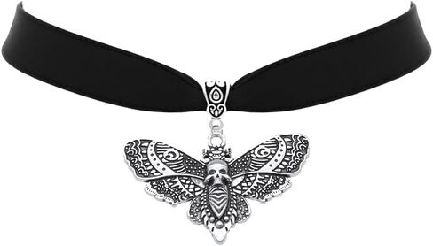 TKHLT Dead Head Skull Moth Choker Necklace Gothic Double Wings Fly Moth Pendent Mystic Witch Jewelry Gifts for Women and Girls, Zinc, No Gemstone in Kuwait