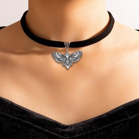 TKHLT Dead Head Skull Moth Choker Necklace Gothic Double Wings Fly Moth Pendent Mystic Witch Jewelry Gifts for Women and Girls, Zinc, No Gemstone in Kuwait