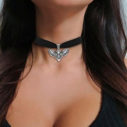 TKHLT Dead Head Skull Moth Choker Necklace Gothic Double Wings Fly Moth Pendent Mystic Witch Jewelry Gifts for Women and Girls, Zinc, No Gemstone in Kuwait