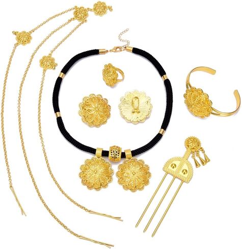 مجموعة مجوهرات رأس الزفاف الإثيوبية الجديدة المطلية بالذهب/الفضة عيار 24 قيراط باللون الأسود للنساء in Kuwait