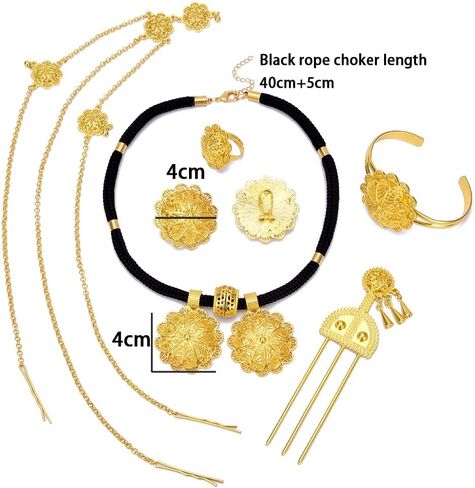 مجموعة مجوهرات رأس الزفاف الإثيوبية الجديدة المطلية بالذهب/الفضة عيار 24 قيراط باللون الأسود للنساء in Kuwait