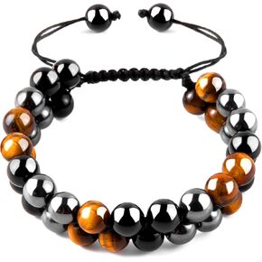 MiiDD Triple Protection Bracelet for Men Women,Beaded Couples Handmade Bracelets,Obsidian Hematite and Tiger Eye 8mm Crystal Healing Stone Bracelet Bring Luck Prosperity Happiness in Kuwait