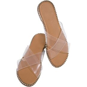 Jeimpoey Womens Studded Flat Sandals Open Toe Slip on Mule Slides Crossed Strap Slipper