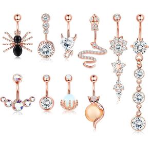 Subiceto 10pcs 14G Stainless Steel Dangle Belly Button Ring For Women Snake Skull Hand with Opal Spider Fox Clear CZ Rose Gold Sliver Curved Navel Barbell Piercing Rings Set in Kuwait