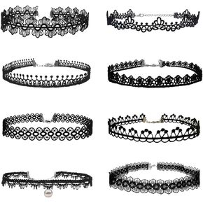 ELLA MAMA 8-12pcs lace choker sets，Necklaces Black Choker Set Classic Gothic Tattoo Lace Chokers for women.