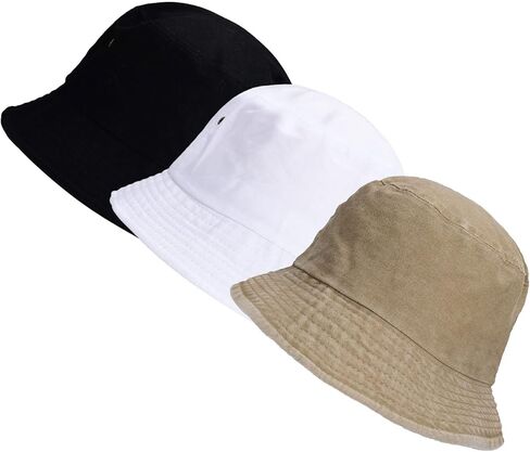 ZOORON 3 Pack 100% Cotton Bucket Hat Unisex Packable Summer Travel Beach Sun Hat Outdoor Cap (Black+White+Khaki) in Kuwait
