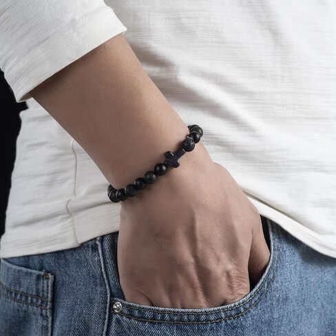 سوار من الخرز بفواصل من الخرز بفواصل زمنية سوداء وبيضاء من سوفتونز 8 مم من لافا روك للعلاج العطري للرجال والنساء، أساور الصداقة للأزواج هدايا... in Kuwait