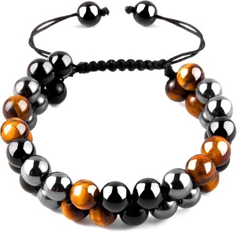 MiiDD Triple Protection Bracelet for Men Women,Beaded Couples Handmade Bracelets,Obsidian Hematite and Tiger Eye 8mm Crystal Healing Stone Bracelet Bring Luck Prosperity Happiness in Kuwait
