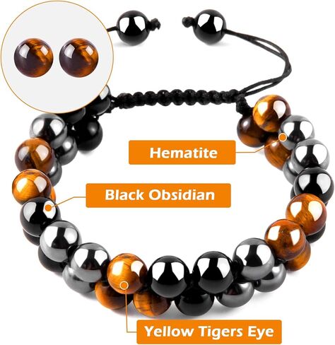MiiDD Triple Protection Bracelet for Men Women,Beaded Couples Handmade Bracelets,Obsidian Hematite and Tiger Eye 8mm Crystal Healing Stone Bracelet Bring Luck Prosperity Happiness in Kuwait