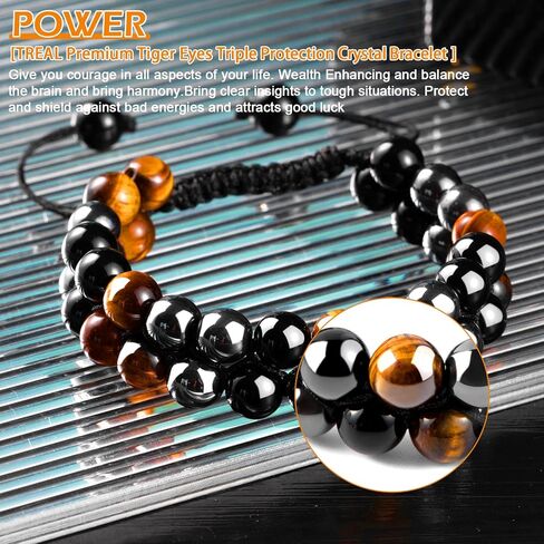 MiiDD Triple Protection Bracelet for Men Women,Beaded Couples Handmade Bracelets,Obsidian Hematite and Tiger Eye 8mm Crystal Healing Stone Bracelet Bring Luck Prosperity Happiness in Kuwait