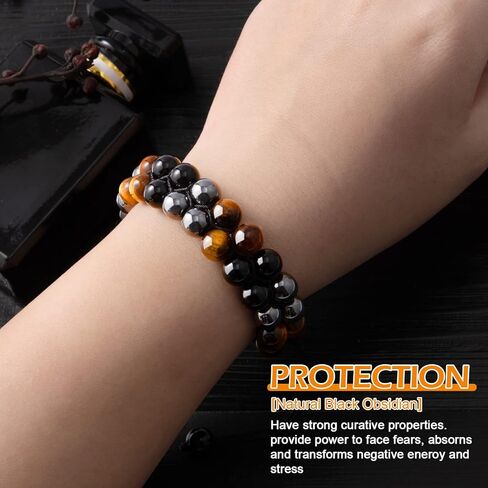 MiiDD Triple Protection Bracelet for Men Women,Beaded Couples Handmade Bracelets,Obsidian Hematite and Tiger Eye 8mm Crystal Healing Stone Bracelet Bring Luck Prosperity Happiness in Kuwait