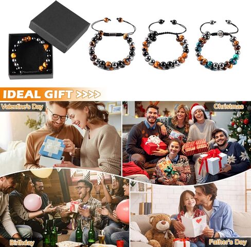 MiiDD Triple Protection Bracelet for Men Women,Beaded Couples Handmade Bracelets,Obsidian Hematite and Tiger Eye 8mm Crystal Healing Stone Bracelet Bring Luck Prosperity Happiness in Kuwait