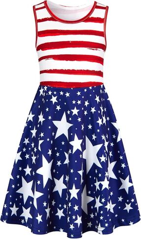 Enlifety Girls 4th of July Dress Sleeveless Patriotic Dresses USA Flag Sundress for Kids Girl 4-13 Years in Saudi Arabia