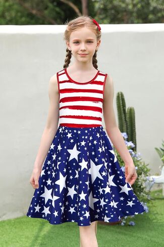 Enlifety Girls 4th of July Dress Sleeveless Patriotic Dresses USA Flag Sundress for Kids Girl 4-13 Years in Saudi Arabia