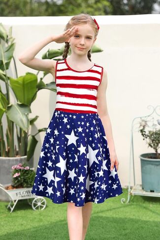 Enlifety Girls 4th of July Dress Sleeveless Patriotic Dresses USA Flag Sundress for Kids Girl 4-13 Years in Saudi Arabia