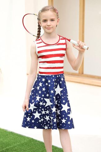 Enlifety Girls 4th of July Dress Sleeveless Patriotic Dresses USA Flag Sundress for Kids Girl 4-13 Years in Saudi Arabia