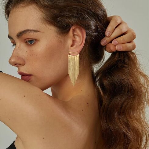 أقراط متدلية بشراشيب ذهبية للنساء من ريتاش 925 من الفضة الإسترليني عيار 925 أقراط متدلية طويلة لا تسبب الحساسية أقراط هامشية لامعة لحفلة موسيقية in Kuwait