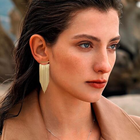أقراط متدلية بشراشيب ذهبية للنساء من ريتاش 925 من الفضة الإسترليني عيار 925 أقراط متدلية طويلة لا تسبب الحساسية أقراط هامشية لامعة لحفلة موسيقية in Kuwait